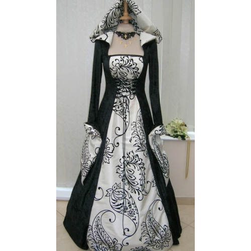 Handfasting Medieval Hooded Wedding Dress Black & Cream